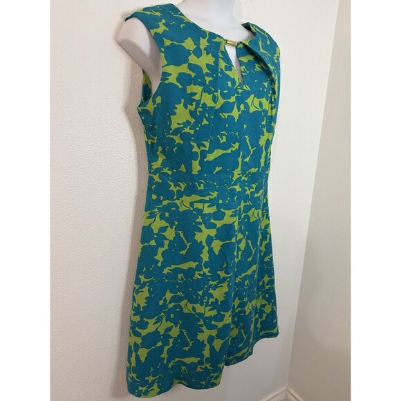 Ashley Stewart Dress Womens 14 Green Blue Floral Sleeveless Rayon Linen Mod MIDI - Picture 2 of 7